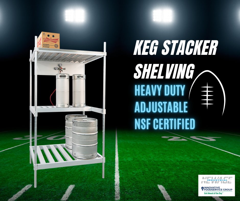 Keep #kegs cold and off the walk-in floor with <a href="/NewAgeInd/">New Age Industrial</a> Keg Stacker Shelving. Available in single or double depth with a variety of add-on accessories.
.
.
.
#innovativefoodservicegroup #newageindustrial #madeinusa #football #IFG #GetAheadOfTheDay #foodservice #kegshelving