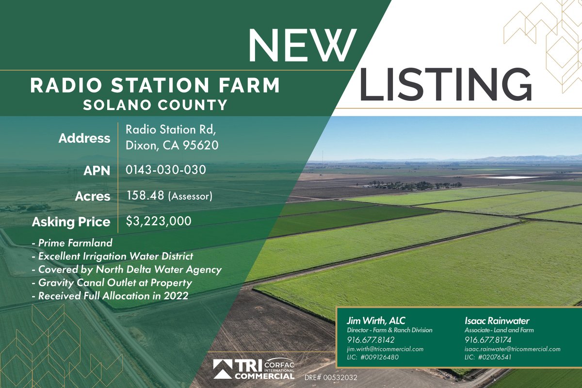 TRIcommercial's tweet photo. FOR SALE - 158.48 Acres of Prime Farmland with Alfalfa Hay History, Located about 4.5 miles SE of Dixon, CA.  For more info, Contact Jim Wirth and Isaac Rainwater.

#TRI #RealEstate #TRIFarmRanch #Land #California #TRICommercial #Farm #CAGrowers #Solano https://t.co/voq0sf9inC