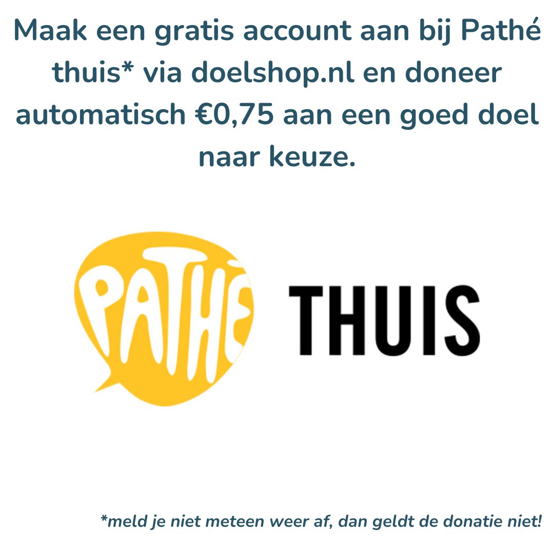 Ook via Pathé thuis kun je gratis een donatie doen zonder zelf een aankoop te hoeven doen. 😎 Het zijn maar een paar klikken, deel dit met je familie en vrienden! 

#doelshop #donatie #doneren #gratisdoneren #pathe #bioscoop #charity #goededoelen #gratis