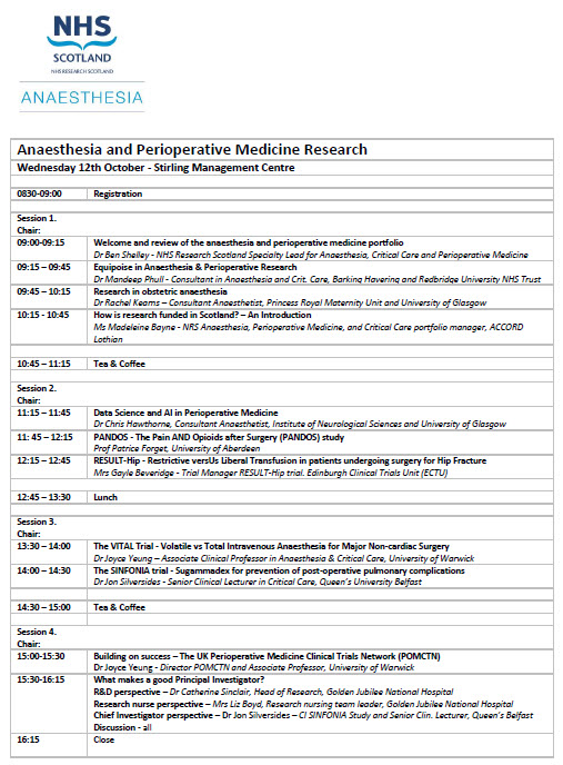 Anaesthesia Research (@gjanaesresearch) on Twitter photo 🚨 <a href="/CSO_Scotland/">CSO(Health)Scotland</a> <a href="/NHSResearchScot/">NHS Research Scotland</a> #Anaes #Periop #CriticalCare Network meeting programme finalised 🚨
📅October 11 (#CriticalCare) October 12 (#Anaes #Periop)
🗺️Stirling Management Centre
🎟️eventbrite.co.uk/e/nrs-anaes-pe…
📢Read thread for speakers...
📜Programme 👇 🚨 <a href="/CSO_Scotland/">CSO(Health)Scotland</a> <a href="/NHSResearchScot/">NHS Research Scotland</a> #Anaes #Periop #CriticalCare Network meeting programme finalised 🚨
📅October 11 (#CriticalCare) October 12 (#Anaes #Periop)
🗺️Stirling Management Centre
🎟️eventbrite.co.uk/e/nrs-anaes-pe…
📢Read thread for speakers...
📜Programme 👇