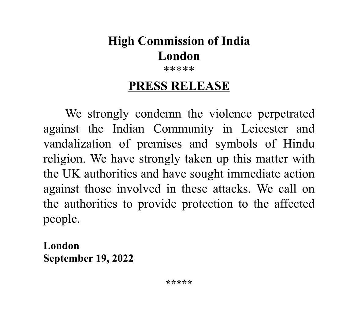 BritAsiaTV's tweet photo. The #HighCommisionofIndia in #London have published a official statement in regard to the recent incidents in #Leicester https://t.co/VdFWUj9rye