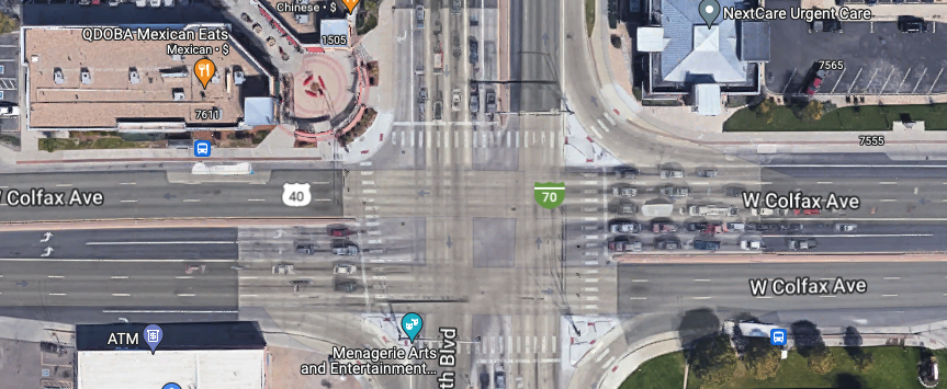 jakebruemmer's tweet photo. Saw an elderly man w a walker that couldn't make the timed crosswalk (east to west) here today. 

Intersection is 10 (!!!) lanes wide not incl the median dividing the two directions of traffic.

Hope when I'm that age that we've moved away from such anti-pedestrian street design. https://t.co/AX0tciqha1
