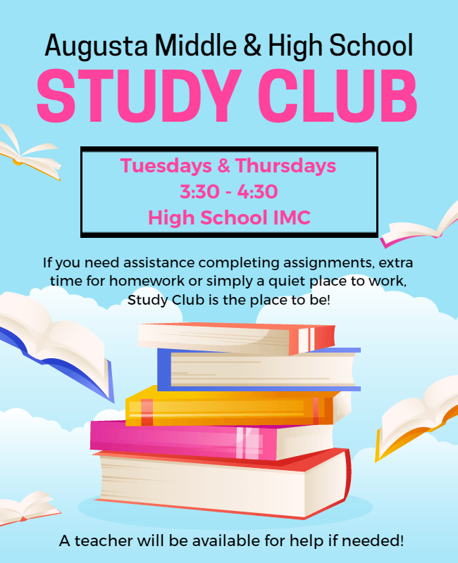 Study Club is back for middle and high school students!  

Any student needing assistance completing assignments, wanting extra time for homework, or simply a quiet place to work is welcome!  Staff is available to help if needed and snacks are provided.  Starts tonight!