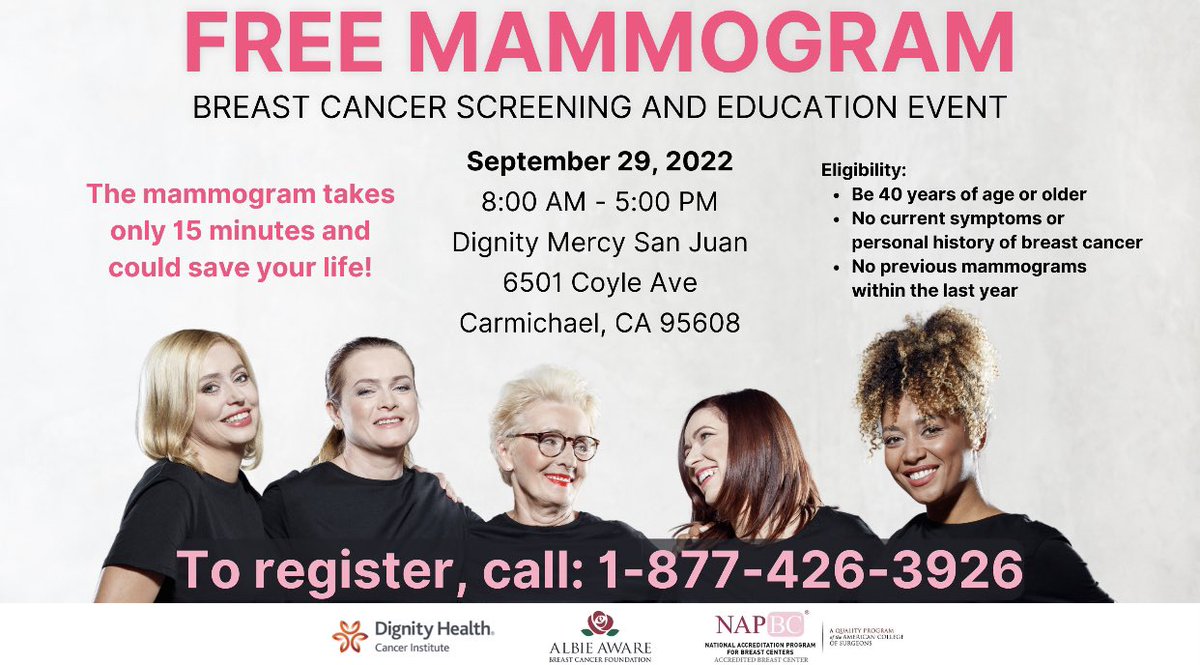 AlbieAware's tweet photo. If you’re in the greater #Sacramento area and in need of a #mammogram please register for our event with @DignityHlthSac on September 29. To register and more details at https://t.co/qWfXRGlKhp https://t.co/w8jxpFVWCh