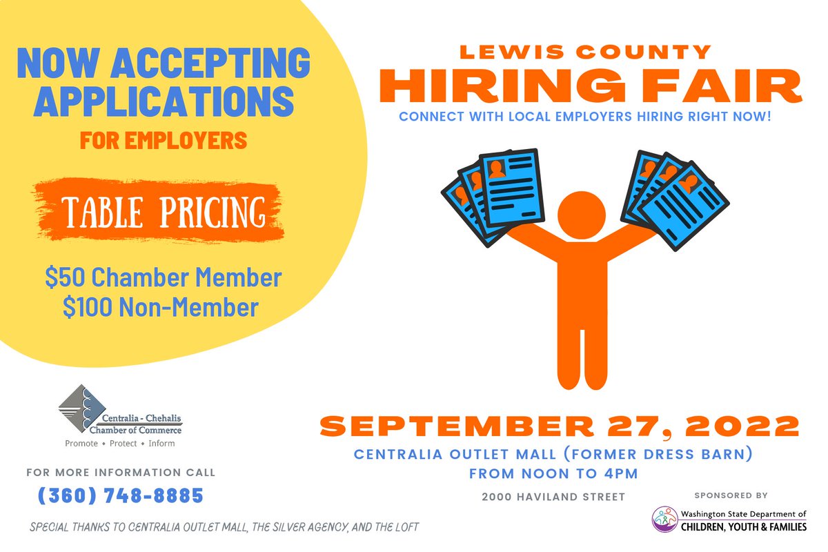 ChamberWay's tweet photo. Employers looking for employees in the Centralia / Chehalis area- come be a part of our Hiring Fair next week! Get your application &amp; payment in by Friday 9/23. Contact the Chamber at (360) 748-8885.

#hiringfair #Centralia #chehalis #lewiscountyhiring #lewiscounty https://t.co/PbxskF9ltH
