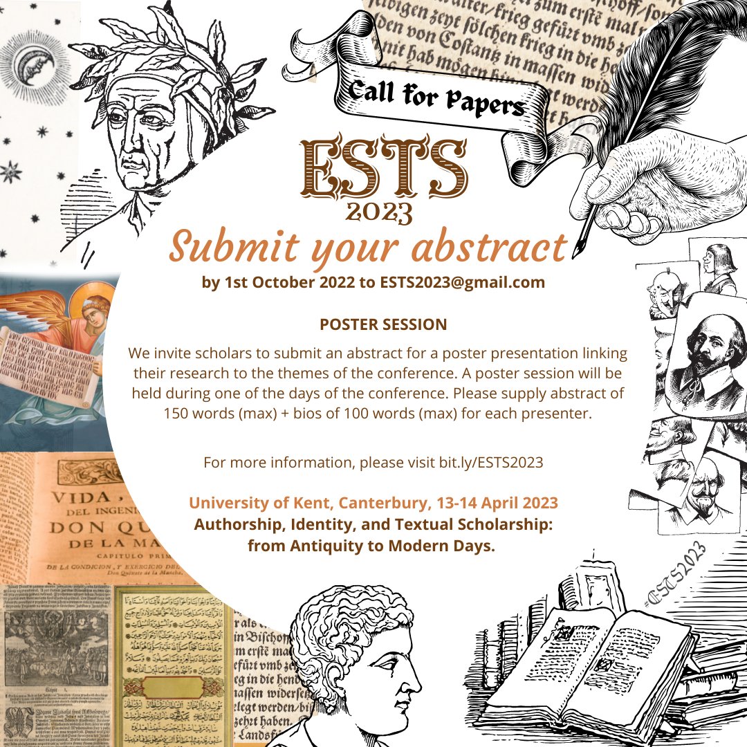 ESTS2023's tweet photo. #ESTS2023 is also very happy to feature a Digital Project exhibition and a poster session on the same theme "Authorship, Identity, and Textual Scholarship"! #CfP #DH #DigitalHumanities #authorship #textualstudies
More info on the complete CfP
👉https://t.co/d2JpfjMaRZ https://t.co/hWQW0RyjPO