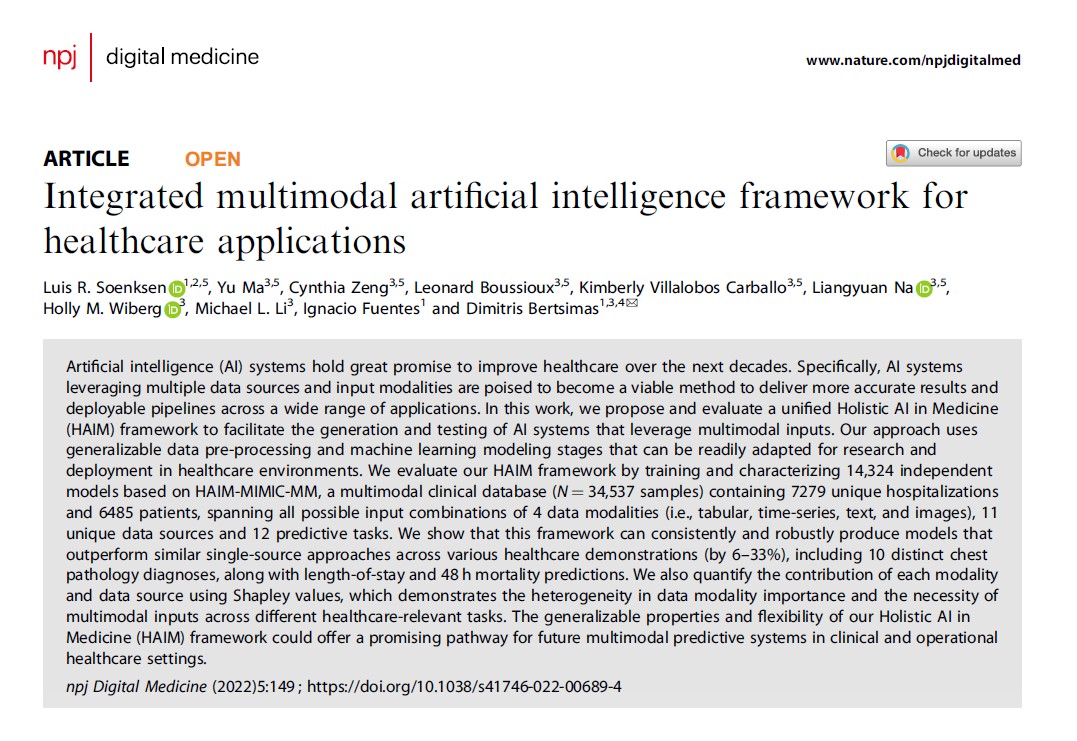 npj Digital Medicine (@npjdigitalmed) on Twitter photo The Holistic AI in Medicine (HAIM) framework from <a href="/dbertsim/">Dimitris Bertsimas</a> et al. in <a href="/AIHealthMIT/">MIT Jameel Clinic for AI & Health</a> is a pipeline to receive multimodal patient data + use generalizable pre-processing + #machinelearning modelling stages adaptable to multiple health related tasks.
nature.com/articles/s4174… The Holistic AI in Medicine (HAIM) framework from <a href="/dbertsim/">Dimitris Bertsimas</a> et al. in <a href="/AIHealthMIT/">MIT Jameel Clinic for AI & Health</a> is a pipeline to receive multimodal patient data + use generalizable pre-processing + #machinelearning modelling stages adaptable to multiple health related tasks.
nature.com/articles/s4174…
