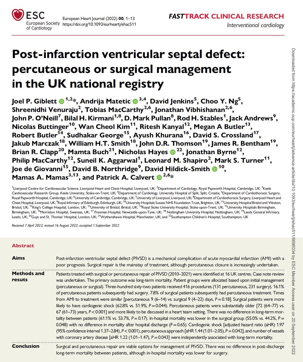 mmamas1973's tweet photo. Our UK analysis of percutaneous and surgical Mx of post infarct VSD #LBT #TCT2022 led by @joelgiblett and Patrick Calvert ➡️ https://t.co/YGpjD2bBCe better in hospital outcomes for surgery, but similar longer term outcomes @pomyers @adnanalkhouli @djc795 @GreggWStone @amstcro https://t.co/EcXOblP5m1