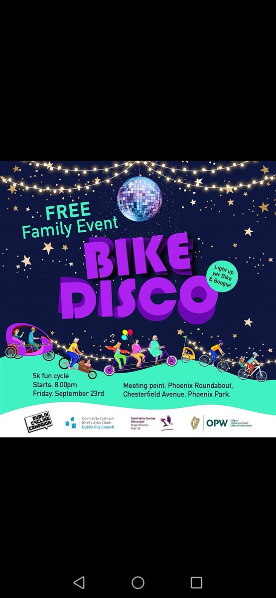 This time Friday we'll be making the Phoenix Park our Dance Floor for our @dublincycling #BikeDisco 

No registration or cost, just deck your bike out with some disco lights and come join us!