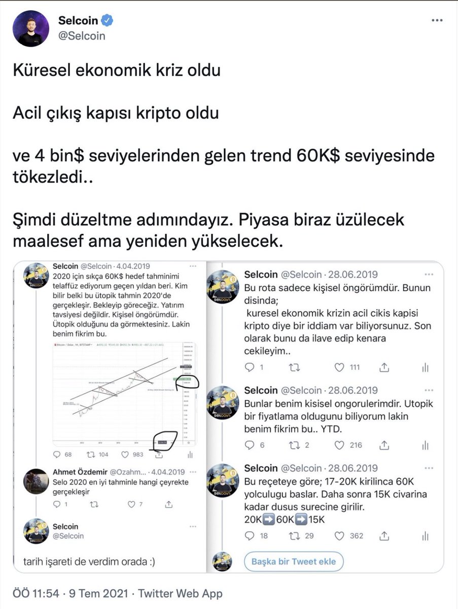 Temel mantığı oturtmayan bir teknik veri hiç paylaşmadım. 
Bitcoin 60bin$ hedefi verdiğimde 4bin$ idi.

Küresel bir kriz olması ve krizin kaçış kapısı olarak öngörerek bu tahminin altını doldurmuştum 2019da👇🏻

Benzer hareketlerin 2023 içerisinde de olabileceğini düşünüyorum.+