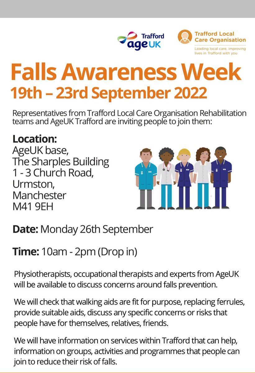 Owing to the bank holiday, this event for #FallsAwarenessWeek has been rescheduled to 26/09/2022.

Please share with patients/service users/family/neighbours who may benefit from a review of their #walkingaids 
@TraffordOTs @TLCOPhysio @TraffordLCO @Trafford_CEC @TraffordPRehab