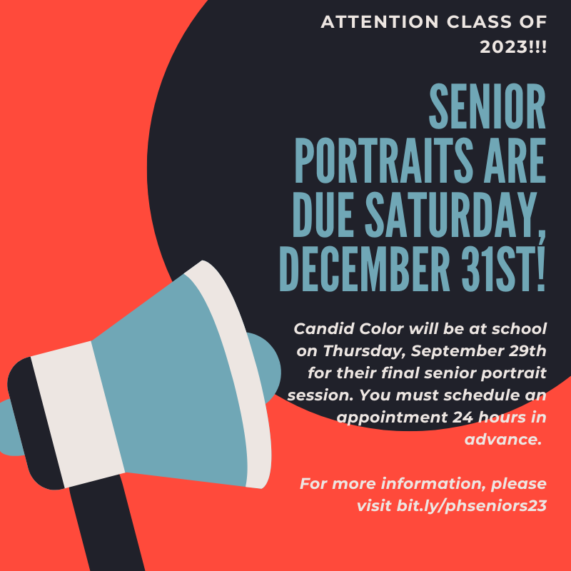 Attention Class of 2023! 

Senior Portraits are due Saturday, December 31st. If you are interested in Candid Color taking your yearbook photo on September 29th, you must register online using the following link: 
pickatime.com/candidcolor/pa… 

#uniPHied #PHamily