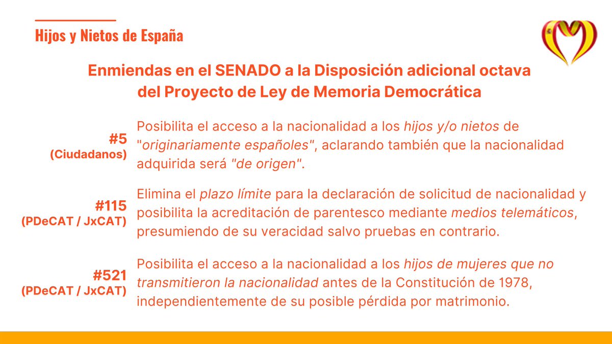 HijosDeEspana's tweet photo. Ya están publicadas las enmiendas del @Senadoesp al Proyecto de LMD. 3 de ellas afectarían el acceso a la nacionalidad de hijos/nietos de españoles.

Las enmiendas de @CiudadanosCs y @Pdemocratacat/@JuntsxCatMadrid reinvindican un reclamo histórico y facilitarían los trámites👏👏 https://t.co/d2zN0twOOh