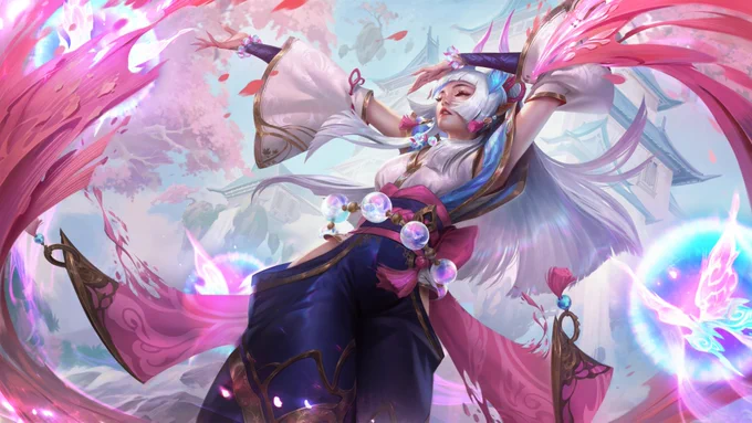 Spirit Blossom  Children hear stories of the savior of lost souls, the ever-reclusive Spirit of Freedom. One such speaks of a tree that wraps its roots around a wandering wisp. The wisp struggled alone-until Syndra ripped off the bindings that held it tight, 1/2 