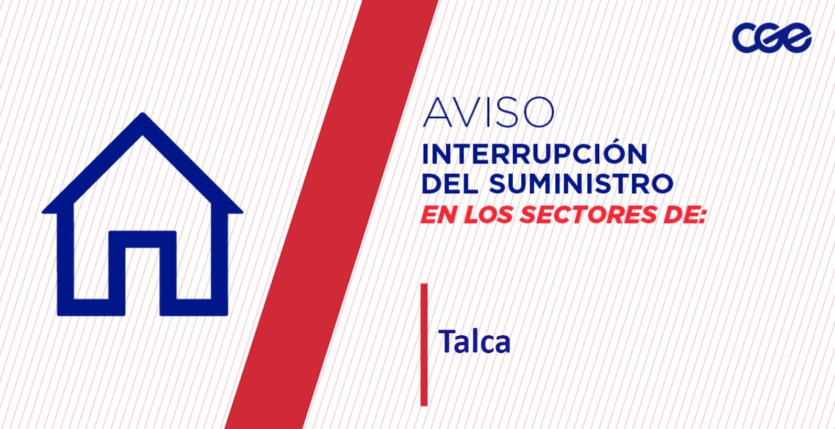 CGE_Clientes's tweet photo. Informamos a nuestros clientes de Calle 10 Oriente, Pasaje 12 Sur C, Pasaje 13, Daniel Rebolledo y aledaños, comuna de #Talca, la interrupción del suministro eléctrico. Nuestro personal de emergencia ya está informado. /RT https://t.co/3f3zIBsgEQ
