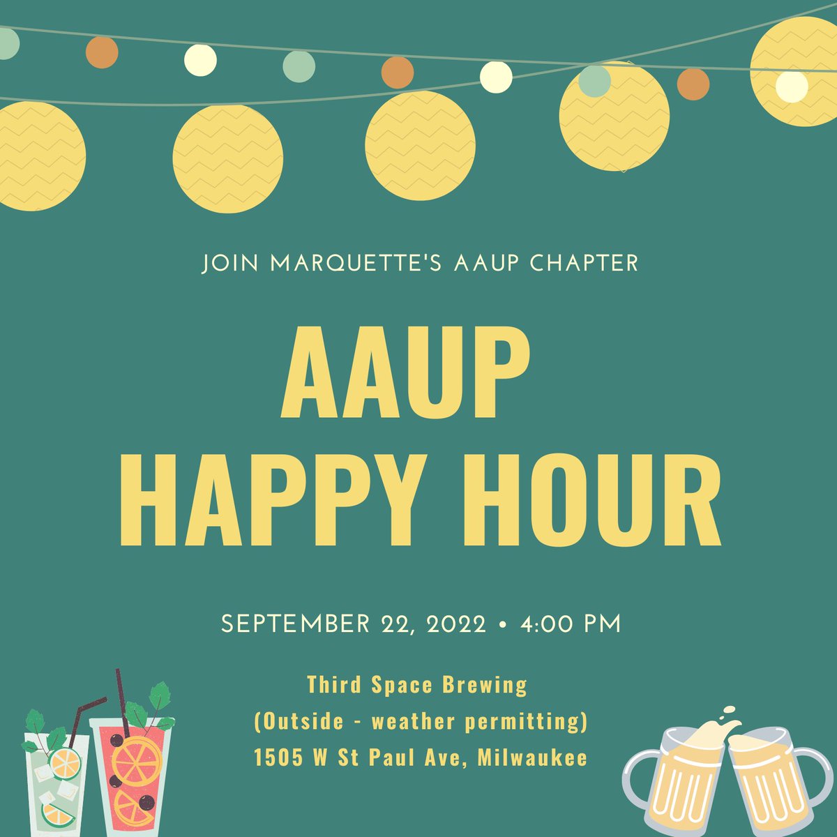 AAUP Happy Hour this Thursday (9/22) at 4pm at Third Space Brewing (1505 W. St. Paul Ave). The weather forecast looks great so we’ll plan on being outside. Feel free to share with colleagues or, even better, bring them along!