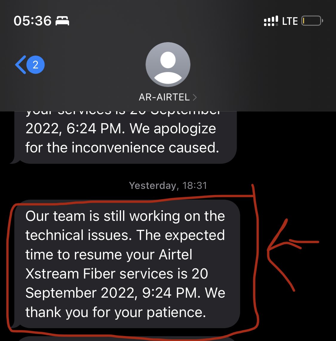swati1206's tweet photo. #Airtel Xtream Fiber
 worst service provider
Its been more than 24h since no internet and even after several complaints the issue hasn’t been resolved yet!!
Except a message for resolving issue by yesterday late evening, and till now nothing!
#airtelcares #Airtel5G https://t.co/bUzpCRTYhh