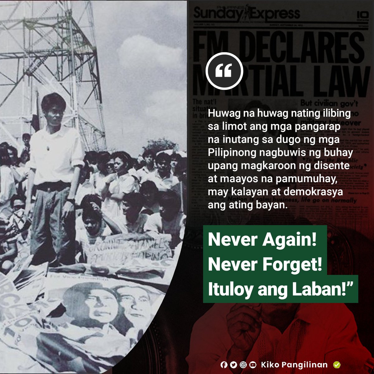 kikopangilinan's tweet photo. Tumindig ka, at maging boses ng lahat na mga Pilipino na hangad ang katotohanan at katarungan!#NeverAgain #NeverForget #ML50 https://t.co/UaKCEa8cQI