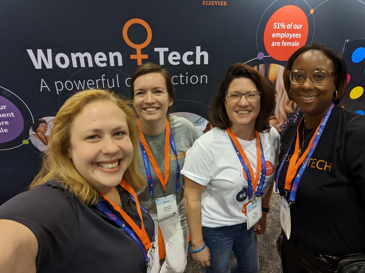 Team @ElsevierConnect in the calm before the ⛈️. Toni, @DrScranto, Selena, & I had so much fun meeting people at #GHC Expo Preview. ❤️ talking about the work we do. Visit Booth 849 to find your #NextIsNow with us! #InclusiveTech #WomenInTech #GHC22, #ElsevierLife