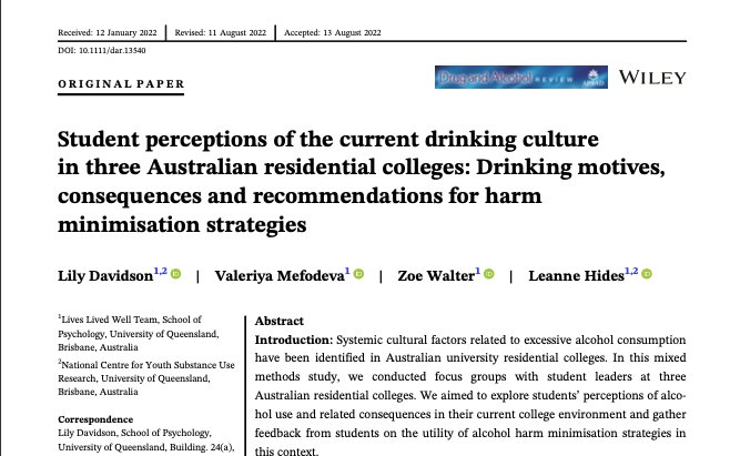 New paper! Our study features students’ perspectives on drinking culture in Aust. residential colleges, plus  consequences, driving factors & potential harm min strategies. The paper highlights potential improvements, ongoing problems & recommendations. doi.org/10.1111/dar.13…