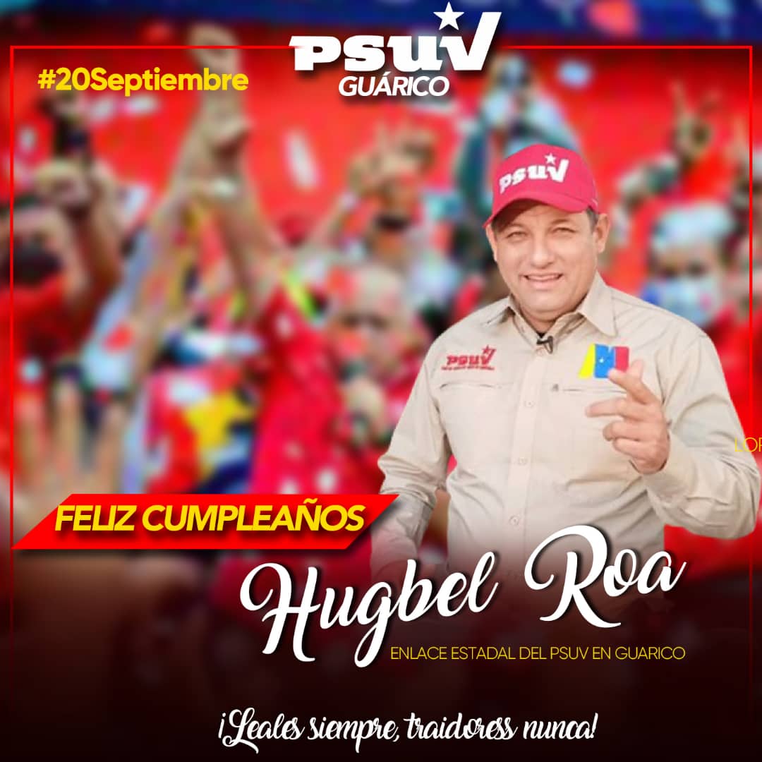 #20SEPT 👉 Feliz cumpleaños Diputado <a href="/hugbelpsuv/">Hugbel Roa</a> camarada de mil batallas, soldado de vanguardia de la Revolución Bolivariana al servicio de la Patria. ¡Dios le bendiga siempre!

En #Guárico #VamosPaLante

<a href="/nicmaduroguerra/">Nicolas Maduro Guerra</a> 
<a href="/dcabellor/">Diosdado Cabello R</a>
<a href="/josemvasquez/">José Vásquez</a> <a href="/DonaireDonald/">Donald Donaire</a>