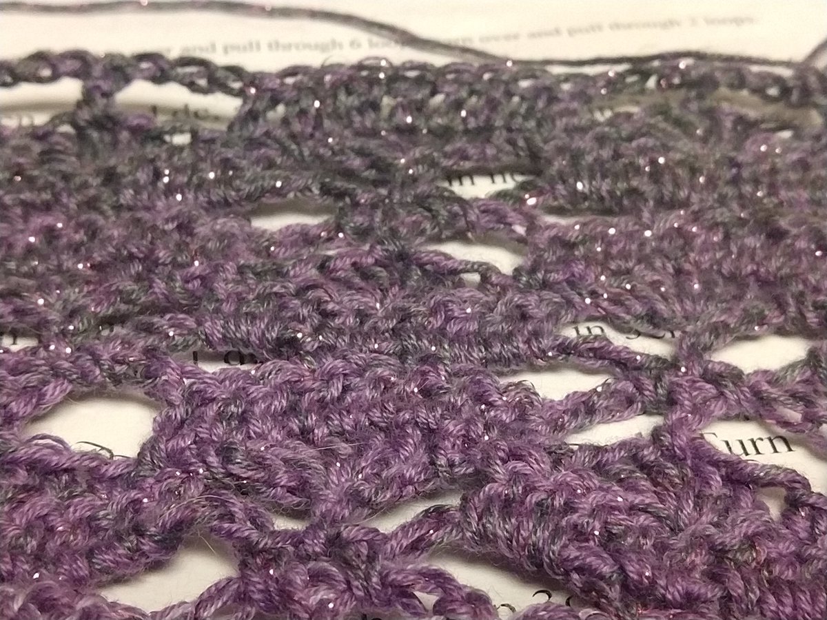 miya_kressin's tweet photo. I have three rows left after this one. I think I have enough yarn left. It is just about to switch to just dark grey with purple sparkle thread. #crochet #sakura #shawl #52HoursSoFar #YarnChicken https://t.co/Xwl7LB8pYK
