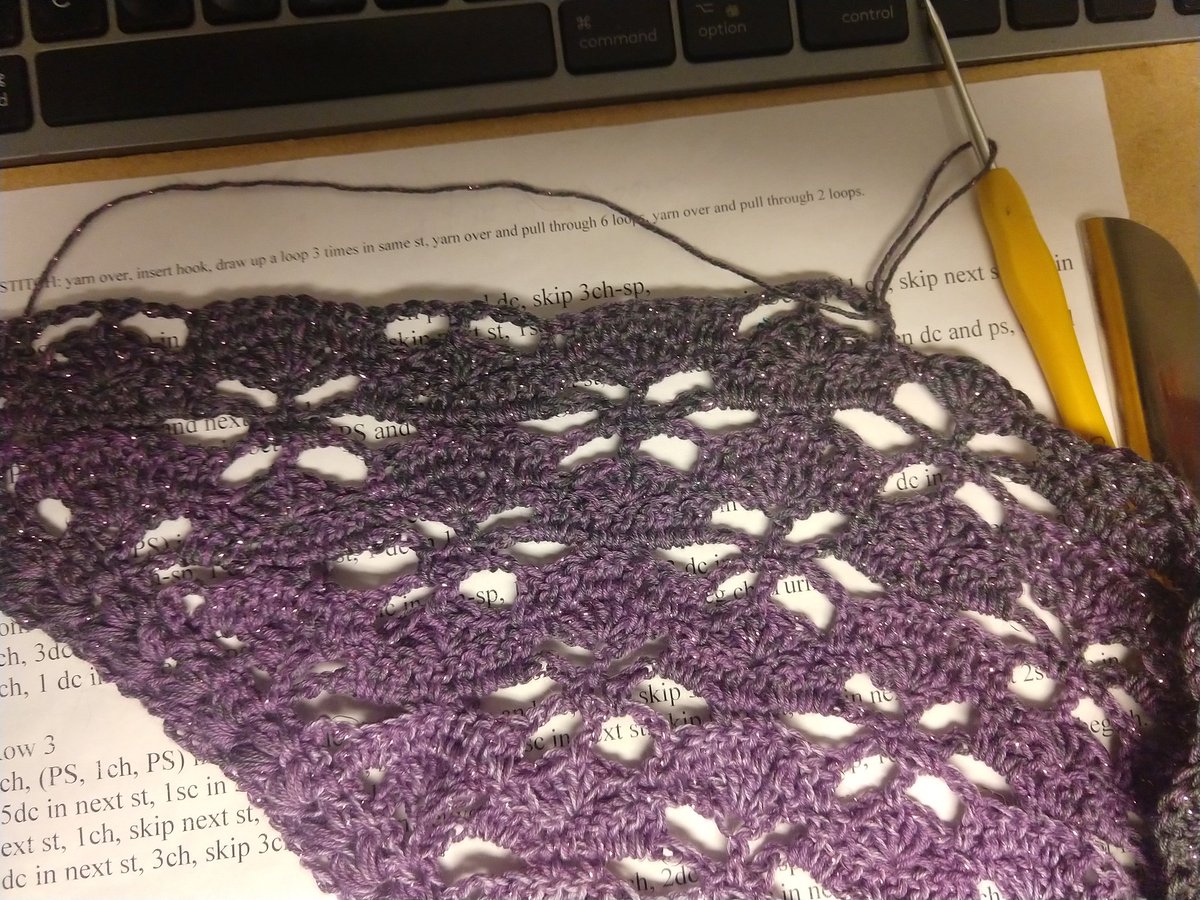 miya_kressin's tweet photo. I have three rows left after this one. I think I have enough yarn left. It is just about to switch to just dark grey with purple sparkle thread. #crochet #sakura #shawl #52HoursSoFar #YarnChicken https://t.co/Xwl7LB8pYK