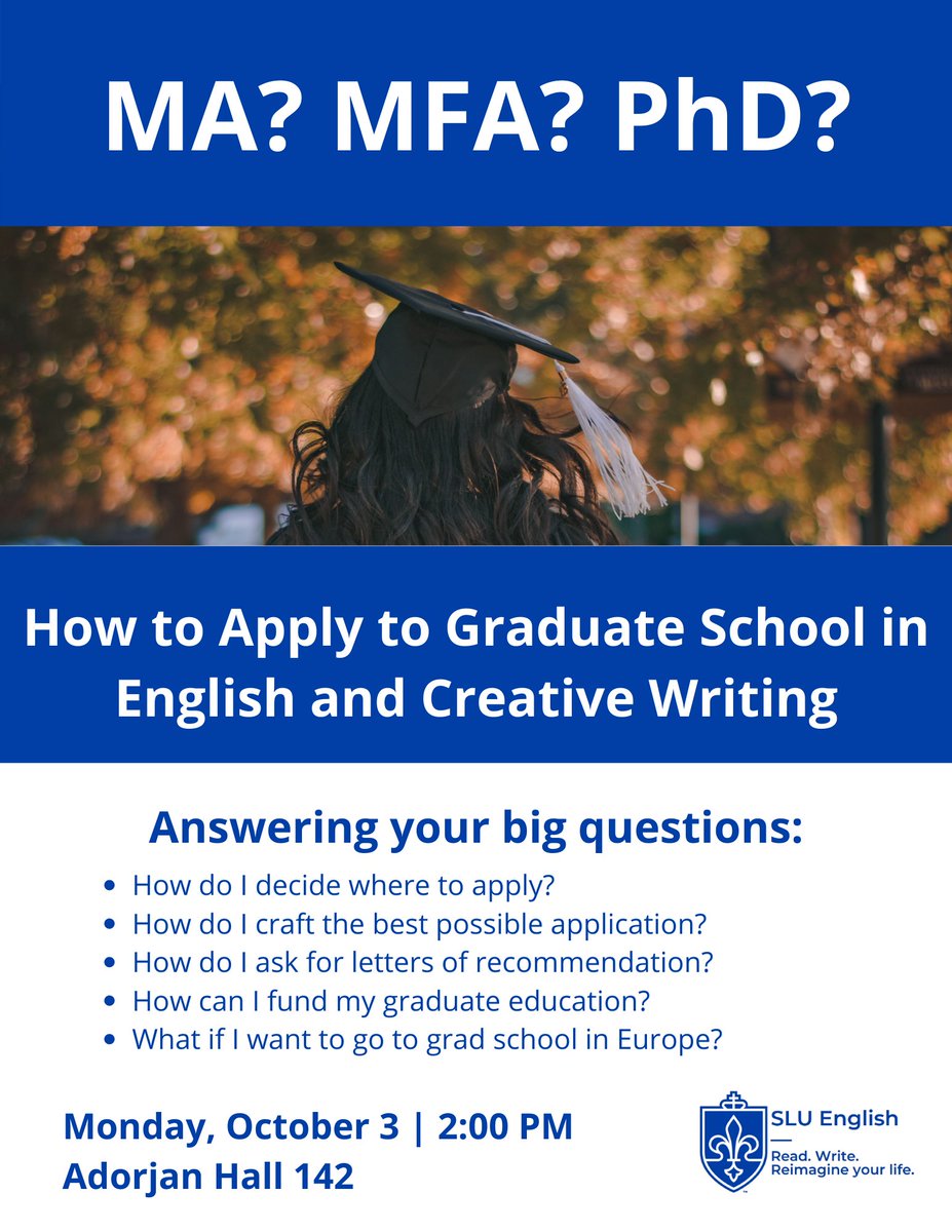 Looking at applying to Graduate School in English and Creative Writing and not sure where to start? 

Join us on Monday, October 3 at 2PM in Adorjan Hall 142 to answer your questions!