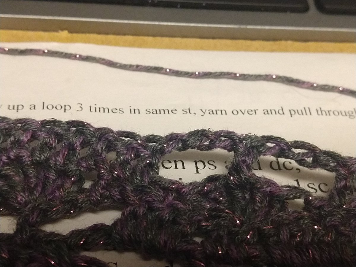 miya_kressin's tweet photo. I have three rows left after this one. I think I have enough yarn left. It is just about to switch to just dark grey with purple sparkle thread. #crochet #sakura #shawl #52HoursSoFar #YarnChicken https://t.co/Xwl7LB8pYK