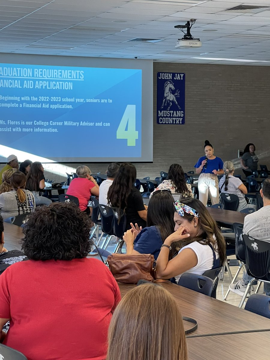 JJHSCounseling's tweet photo. Excellent turnout at Senior Parent Night! Great job Ms. Flores @career_jay we had various colleges & universities, Senior Seminar & the counseling team present to parents about all things related to Senior Year & Postsecondary Goals! #MustangsIgnited @NISDJaySEA @NISDJay https://t.co/MgFY0aK93G