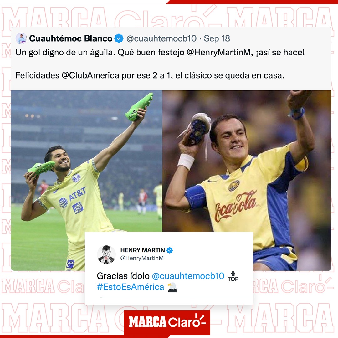 ¡ORGULLOSOS AMERICANISTAS!🦅 @HenryMartinM y Cuauhtémoc Blanco intercambian elogios tras el festejo de gol en el #ClásicoNacional marca.com/claro-mx/futbo…