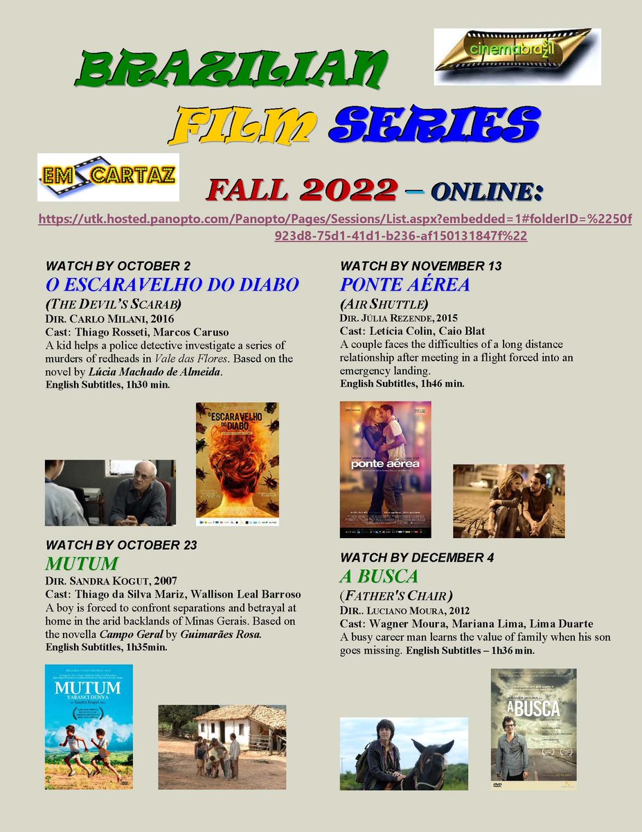 Four exciting films! Brazilian Film Series fall 2022 online.  <a href="/UTKLatAmCaribn/">UT LatAm+Caribn IDP</a> <a href="/ArtsSciencesUT/">UT Arts & Sciences</a> <a href="/UTKDailyBeacon/">The Daily Beacon</a> <a href="/UTKGlobal/">Center for Global Engagement</a> @