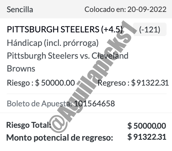 AguilaPicks1's tweet photo. 🙌🏻PICK: Steelers +4.5
🎲Momio: -121
💰Unidades: 20U

Si Steelers no cubre la línea rifaremos 5,000 MXN entre todas las personas que le den like y rt a este tweet. Nos deben de estar siguiendo para participar. https://t.co/OnNg9084SC