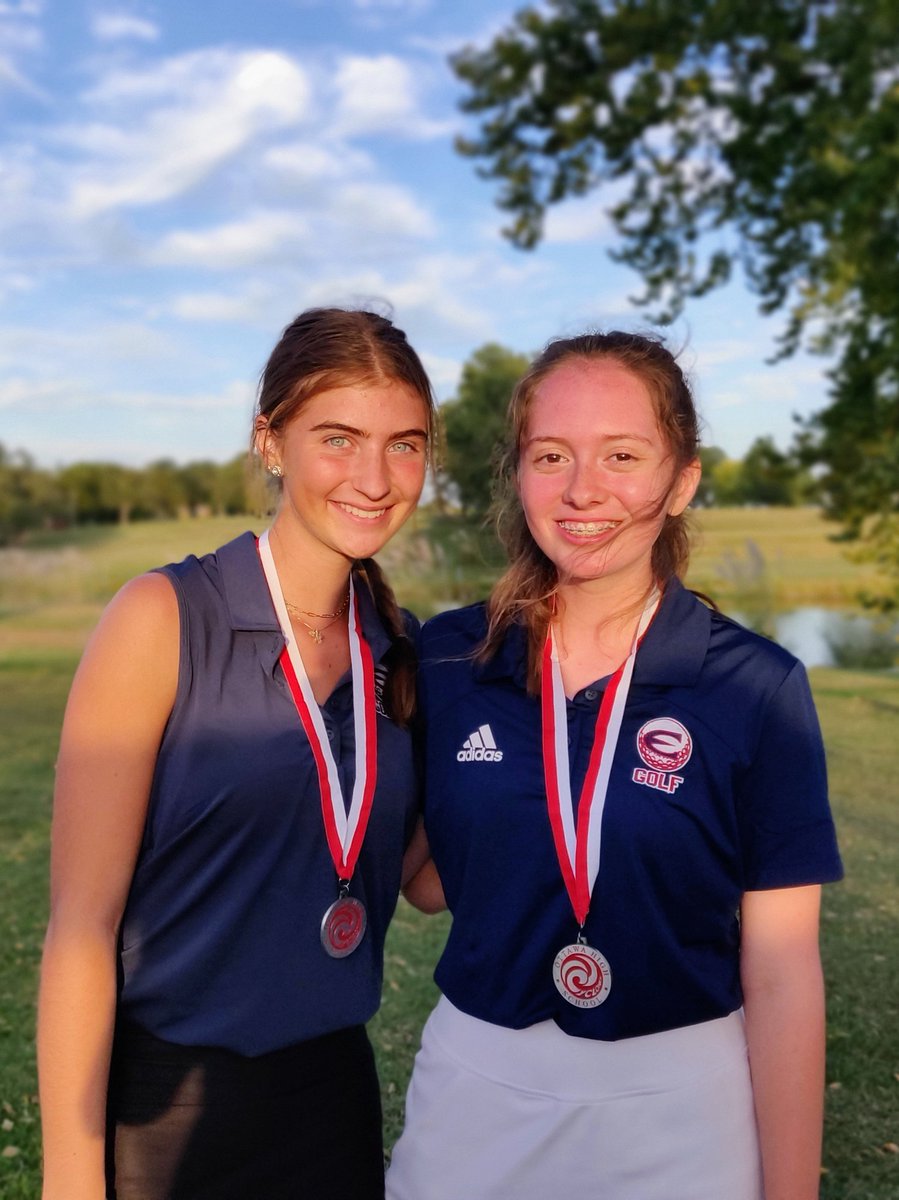 EudoraGolf's tweet photo. Junior varsity girls had the final meet of their season Monday at @OttawaCyclones for a 2-person scramble. Brette &amp; Evey earned 2nd place medals! Solid way to finish their season! #EudoraProud https://t.co/zpnK3fftaD