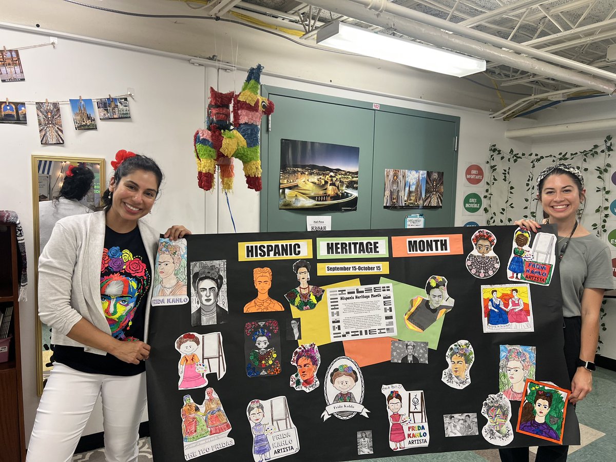 BluemelSeno's tweet photo. Our first Spanish Club meeting was a success, 34 kids! We learned about #HispanicHeritageMonth &amp; famous Hispanics such as #FridaKahlo The kids enjoyed making this collage of Frida. @SraWhyman @FoxMiddleSchool @BluemelSeno #spanish https://t.co/21VpFrWei9