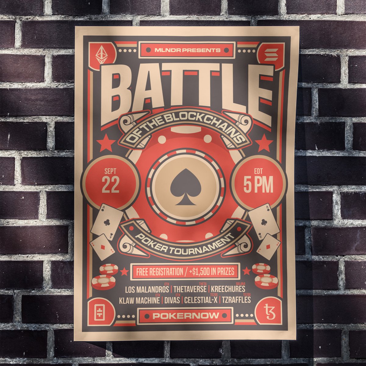 mlndr_nft's tweet photo. The Battle of the Blockchains ♠️🔥

👀Featuring:
🟥Los Malandros (ETH)
🟧Thetaverse (Theta)
🟨Kreechures (SOL)
🟩Klaw Machine (ETH)
🟦dIVas (ETH)
🟪Celestial-X (XTZ)
🟫TZRaffles (XTZ)

+info ⬇️ https://t.co/vht9mTyoeo