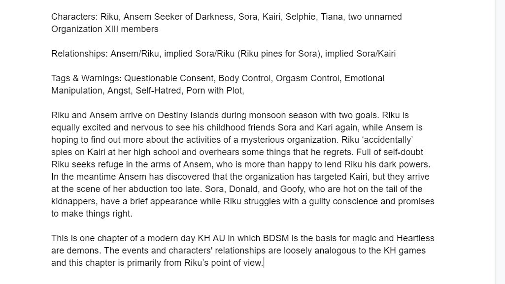 StripperRiku's tweet photo. This fic has now become #PornWithPlot lmk if you want to be a beta reader :)
#FanFiction #ao3 #BDSM #KingdomHearts https://t.co/c3wypPADrd
