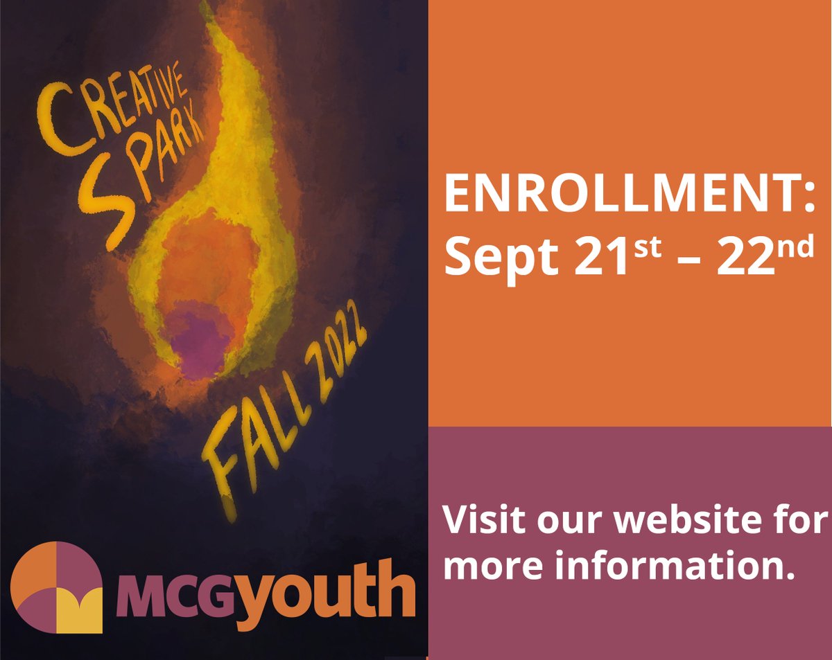 MCGYouth's tweet photo. Don't forget- tomorrow and Thursday, enrollment for Fall classes will be OPEN!!!
Ignite your creative spark at MCG Youth this Fall!
To view our course guide and register, click here:
https://t.co/nKTZNUJIO2 https://t.co/CvLOslru2Q