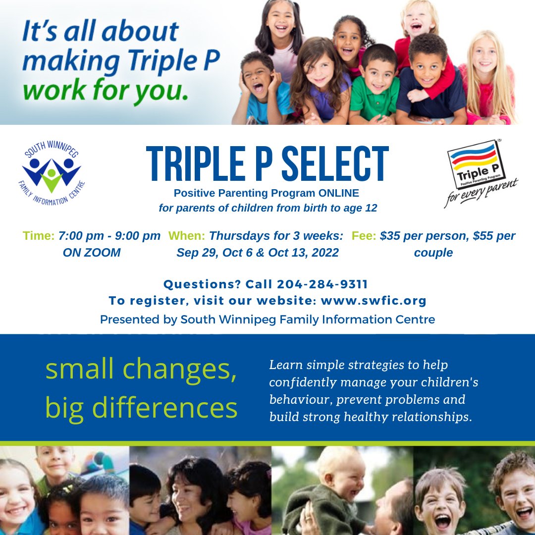 SWFIC1's tweet photo. Triple P Select starts next Thursday! Register at our website https://t.co/DRM9sxHOSj

In this 3 week program, learn practical strategies to help confidently manage your child's behaviour, prevent problems, and build strong, healthy relationships. https://t.co/Qa6hqju4F7