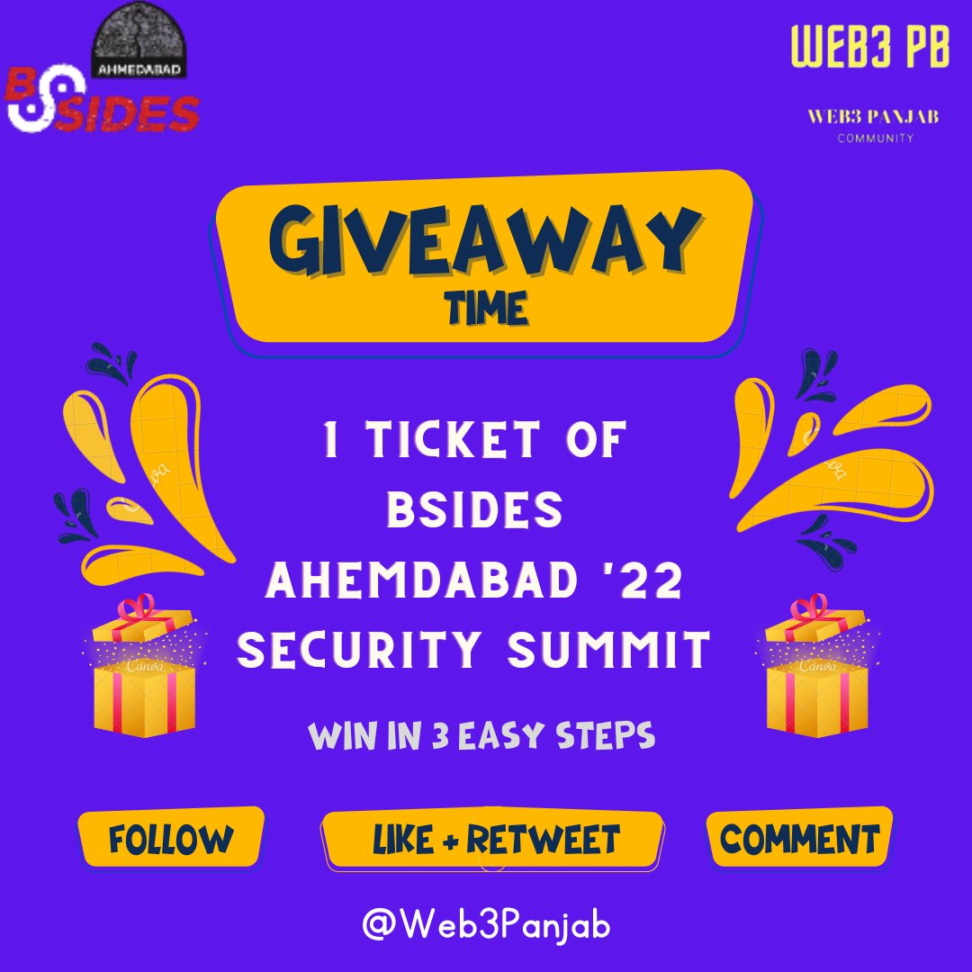 Web3Panjab's tweet image. We are having many exciting things lined up, and we want to share our excitement with you all.
We are giving one ticket for Security summit organised by  @bsidesahmedabad on 1 October.
Comment why you wanna attend this event, like, retweet this tweet and follow @Web3Panjab ...👇