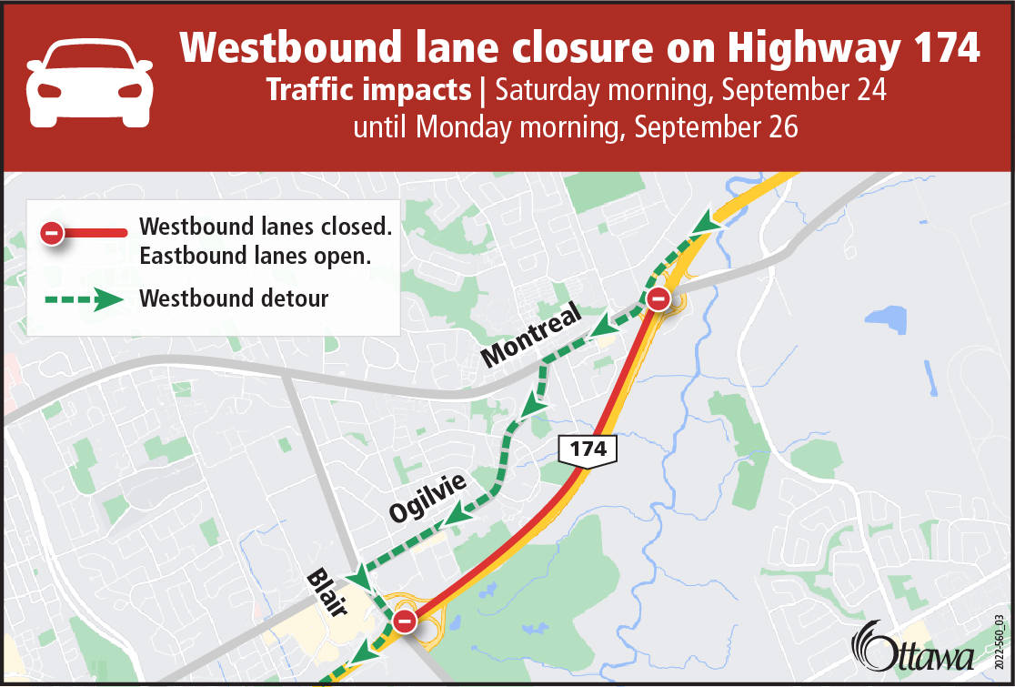 Traffic update, #OttCity:
Due to Stage 2 LRT work, Westbound Highway 174 lanes between Montreal Road and Blair Road will be closed this weekend for Stage 2 LRT construction. 
Detour signage will be in place.
Info: bit.ly/3xDSYru