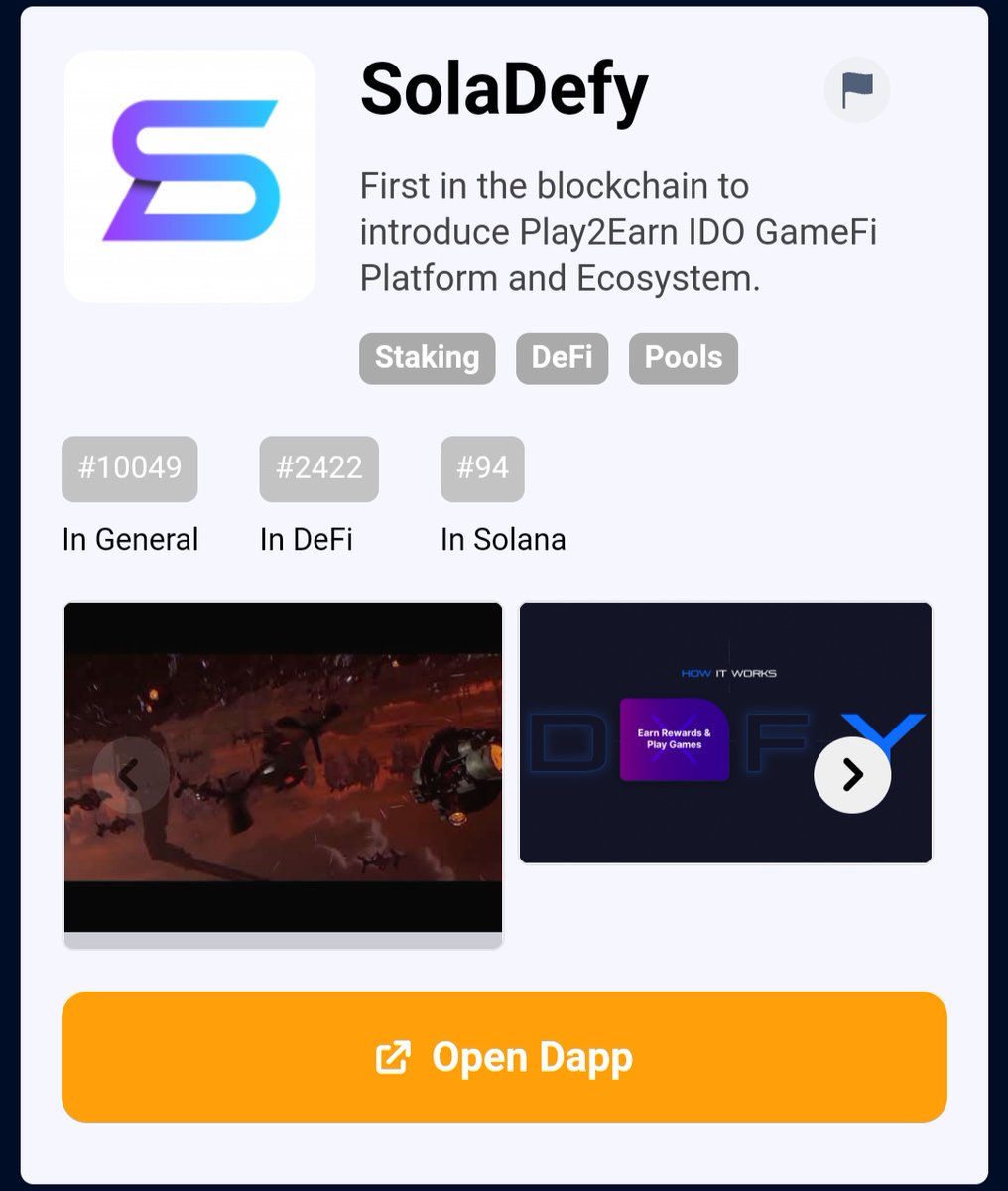 soladefy's tweet photo. 📢📢📢 Hey! Have you heard?

SolaDefy, the novel #P2E #GameFi launchpad is now listed on 
@DappRadar
🔥🔥🔥🔥🔥

https://t.co/NjinYuFKvr

#defy #dappradar #dApps  #Solana https://t.co/UJm9syfJQF