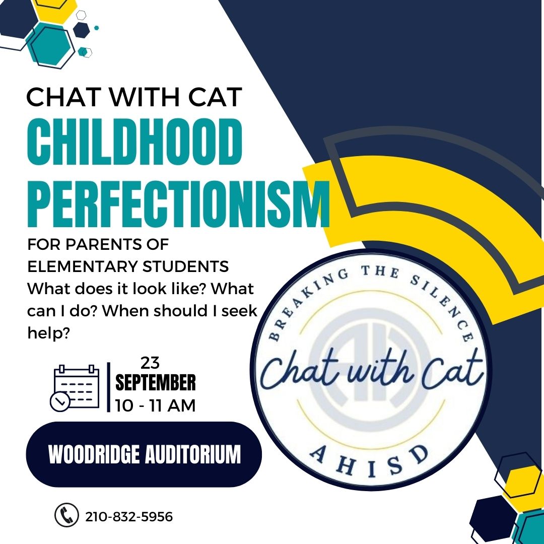 Chat with Cat! Our District Wellness Coordinator Cat Widder is hosting a conversation for elementary parents at 10am this Friday, Sept. 23 in the Woodridge ES auditorium. The topic is Childhood Perfectionism.