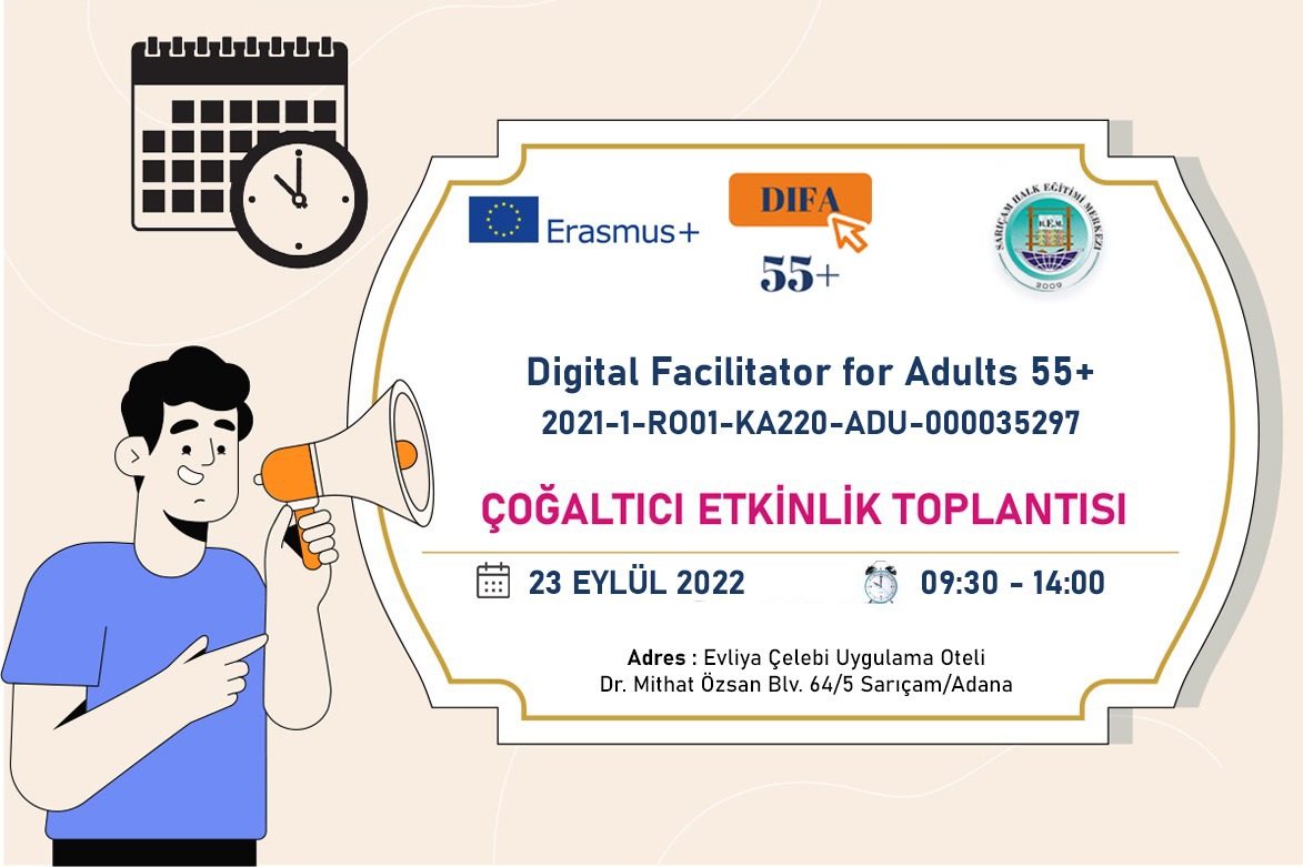 Saricam_HEM's tweet photo. #Difa55plusEdu Projesi Çogaltıcı Etkinlik Toplantısı 23 Eylül 2022 tarihinde, Romanya ve İspanya'dan proje ortaklarınımızın katılımıyla gerçekleştirilecektir.
#digitaleducation #DigComp #erasmusproject #dijitalbeceriler #adultlearning #yetiskinegitimi https://t.co/Gbc3mWoXYL
