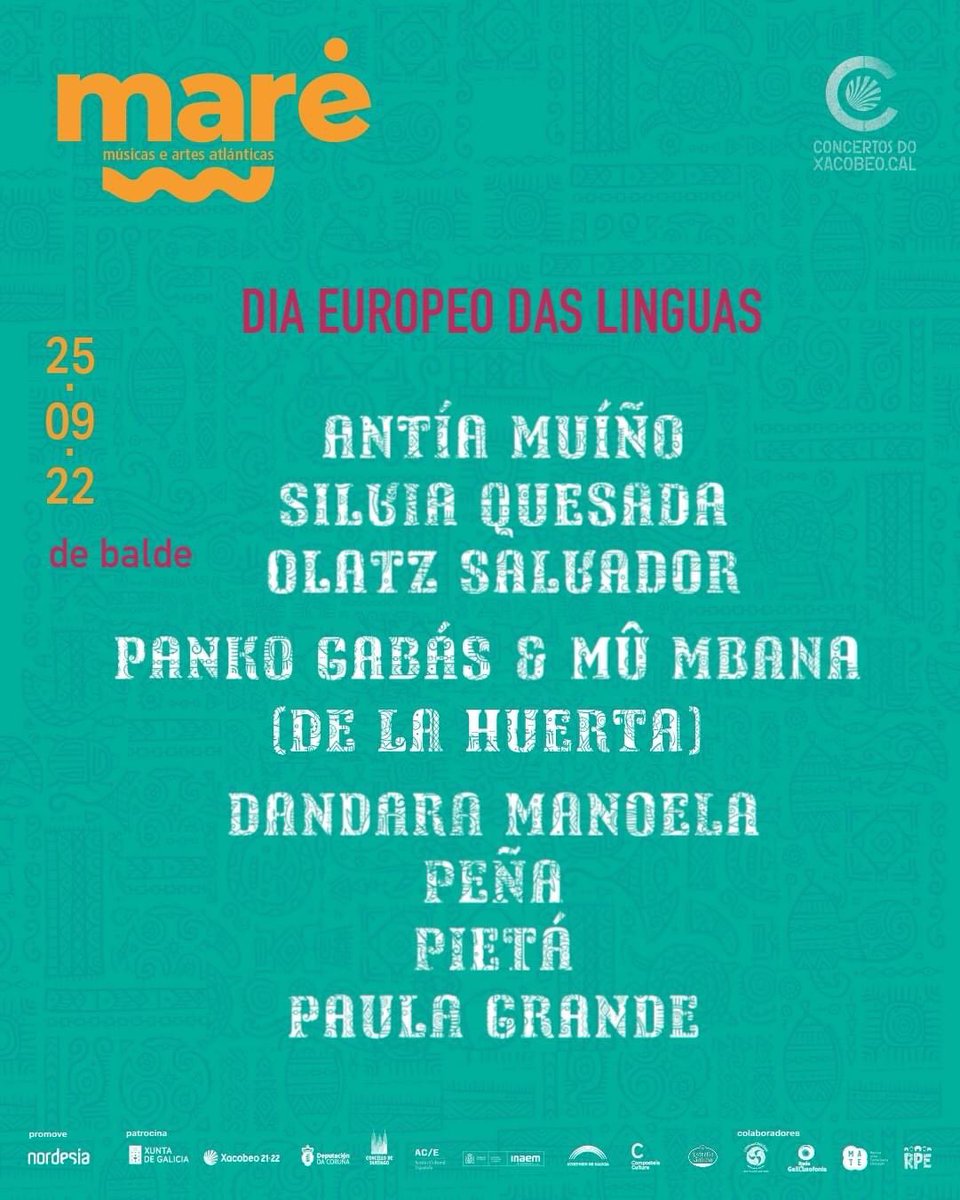 Festival MARÉ - músicas e artes atlánticas (@mare_compostela) on Twitter photo 💐 DOMINGO 25 | #DiaEuropeodasLinguas 🗣
‼️ DE BALDE ‼️
🟩 #AntíaMuíño • Teatro Principal • 12:00h
Sala #Riquela 👇
🟨 <a href="/SilviaQuesada/">Silvia Quesada</a> 13:00h
🟪 #Peña 17:00h
Mazarelos 13:45h👇
🟧 @OlatzSalvador
🟥 Panko Gabas & Mû Mbana
🟫 <a href="/dandara_manoela/">Dandara Manoela</a>
⬛️ #Pietá
⬜️ <a href="/Paula__Grande/">PaulaGrandeMusic</a> 💐 DOMINGO 25 | #DiaEuropeodasLinguas 🗣
‼️ DE BALDE ‼️
🟩 #AntíaMuíño • Teatro Principal • 12:00h
Sala #Riquela 👇
🟨 <a href="/SilviaQuesada/">Silvia Quesada</a> 13:00h
🟪 #Peña 17:00h
Mazarelos 13:45h👇
🟧 @OlatzSalvador
🟥 Panko Gabas & Mû Mbana
🟫 <a href="/dandara_manoela/">Dandara Manoela</a>
⬛️ #Pietá
⬜️ <a href="/Paula__Grande/">PaulaGrandeMusic</a>