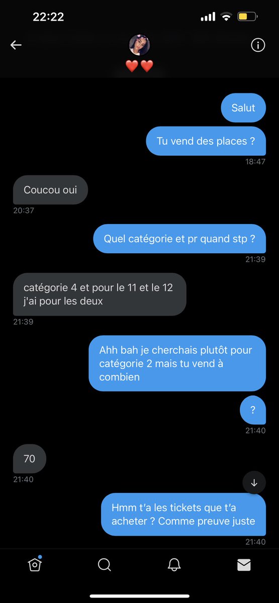 tnzz20's tweet photo. REPARTAGER LE TWEET SVP⚠️y’a bcp de gens qui se font arnaqué en ce moment par rapport au vente de tickets pr blackpink!! Et j’en ai clairement cramé une qui reprend des tickets d’une autre personne de Twitter #BlackpinkinPARIS #blackpink #BLACKPINKCOMEBACK #BLACKPINKWorldTour2022 https://t.co/CObSujN4ju