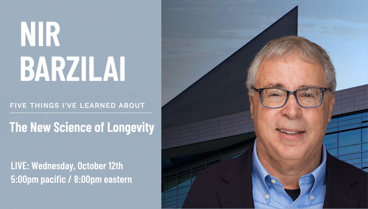 My_Five_Things's tweet photo. LIVE AND ONLINE. TONIGHT: @NirBarzilaiMD shares the Five Things He’s Learned About The New Science of Longevity.
View the full video invitation. Learn more. Join us live: https://t.co/gFt1gro4EP
#myfivethings https://t.co/2OzxSg5X7c