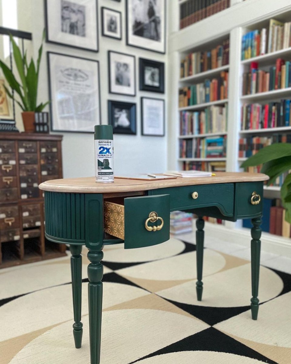 RustOleum's tweet photo. Ready for its close-up! 📸 From the fresh coat of #ROColorWatch’s 2X Ultra Cover Spray Paint in Satin Hunt Club Green to the stunning gold detailing in the drawer, this piece is a showstopper! https://t.co/G7Dj0NdtNO https://t.co/5mKllnR8Io