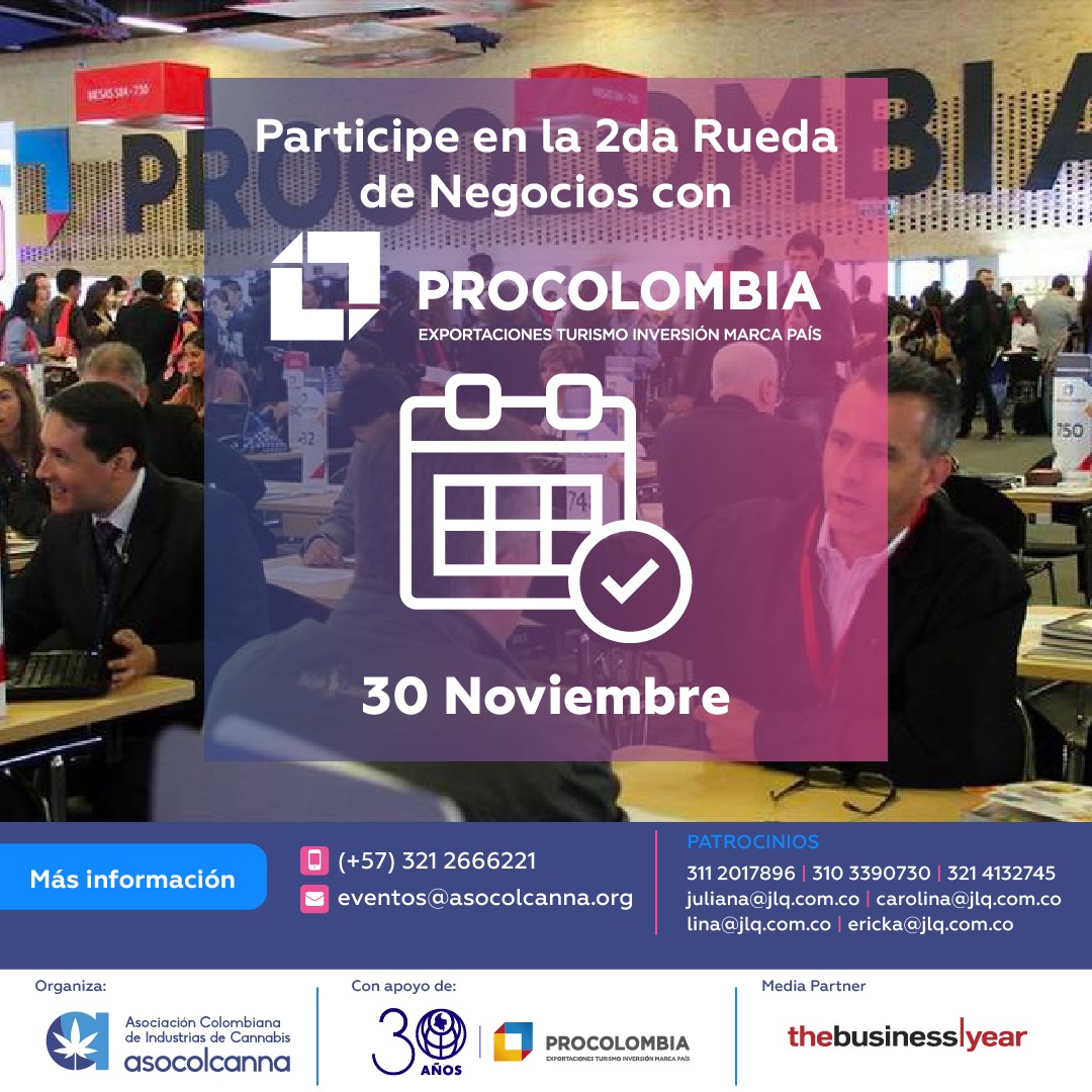 ¿Ya hace parte de la 2da Rueda de Negocios con Procolombia? Un encuentro dedicado a la industria del Cannabis. Inscríbase ya 👉🏻 asocolcanna.org/foro  
#4toForoAsocolcanna