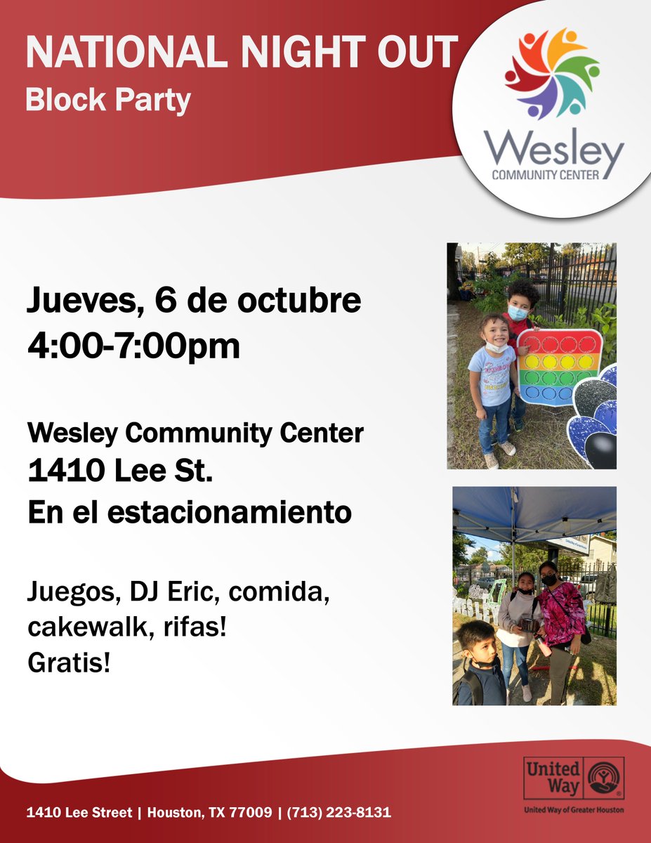 Save the date, October 6th, for Wesley's National Night Out Block Party! Come join the fun, there will be games, DJ Eric, food, cakewalk and raffles. All for FREE!!! #WesleyEmpowers #NationalNightOut #HoustonEvents